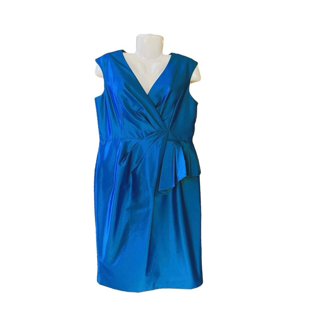 Evan Picone Women's Blue Taffeta Sleeveless Faux Wrap Dress w/ Ruffles | Size 12